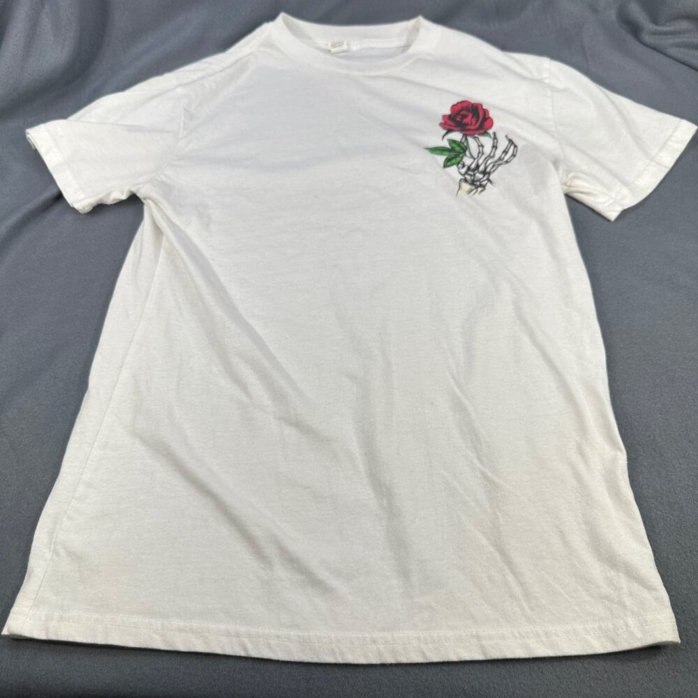 Graphic T-Shirt Size Medium Skeleton Hand and Rose White Stains On Left Shoulder